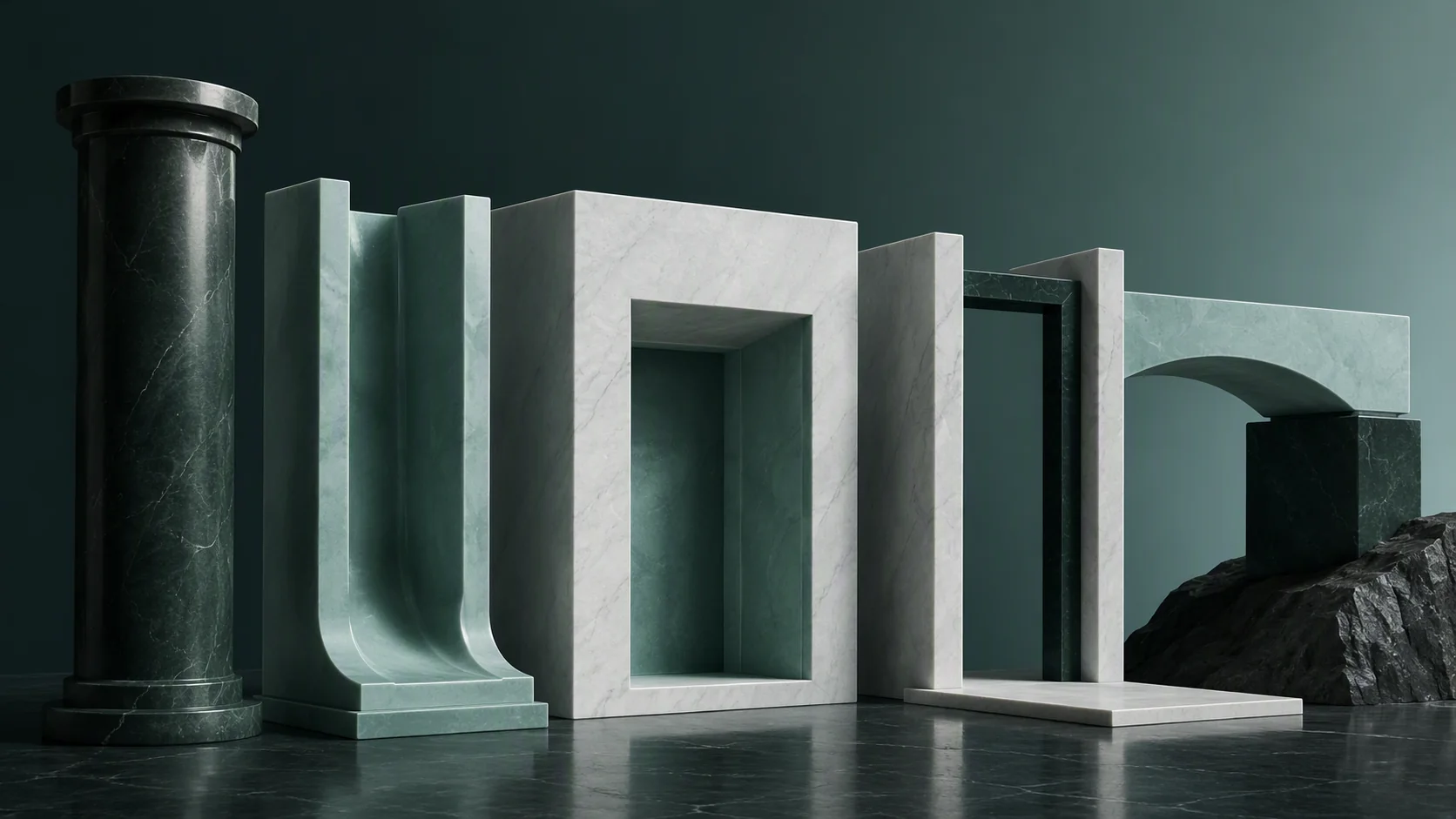Five contrasting abstract mechanisms in a balanced circular arrangement, conveying coordinated function without gears or labels.