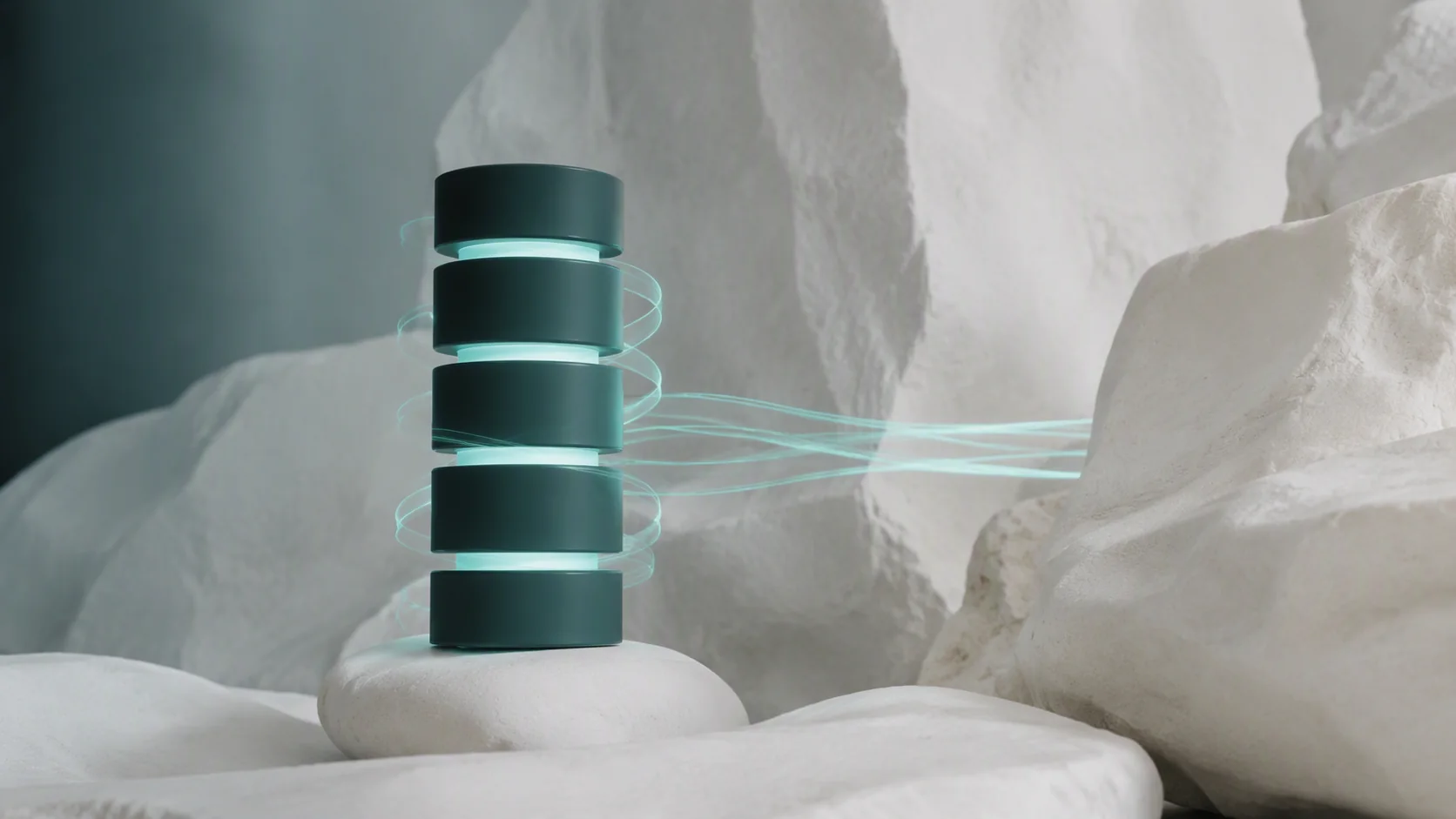 A sequence of abstract teal layers travels securely through a deep-green architectural channel.