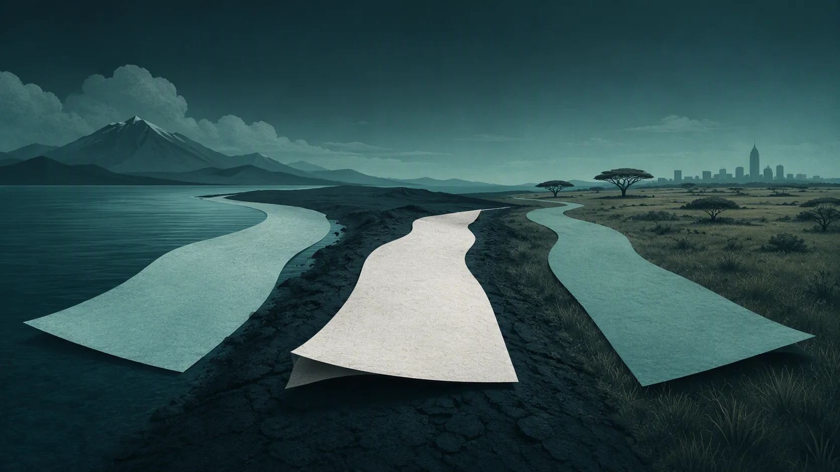 Three distinct muted-teal and off-white forms travel across a deep-green landscape with different textures.